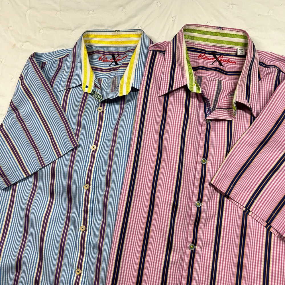 Lot of 2 Robert Graham Mens 2XL Tailored Fit Short Sleeve Striped Button Down